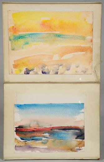 (2) watercolors by Mary Abbott (b. 1921, American: (2) watercolors by Mary Abbott (b. 1921, American), "Apollo" and "Where the Greeks Never Were", signed, larger: 8.75" x 12" (sheet), smaller: 7" x 10.25" (sheet), framed Provenance: The Estate of Hals