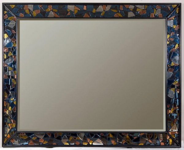 Very large designer glass mosaic wall mirror: Very large designer glass mosaic wall mirror, Late 20th century, the frame reminiscent of Line Vautrin, 66" x 84"