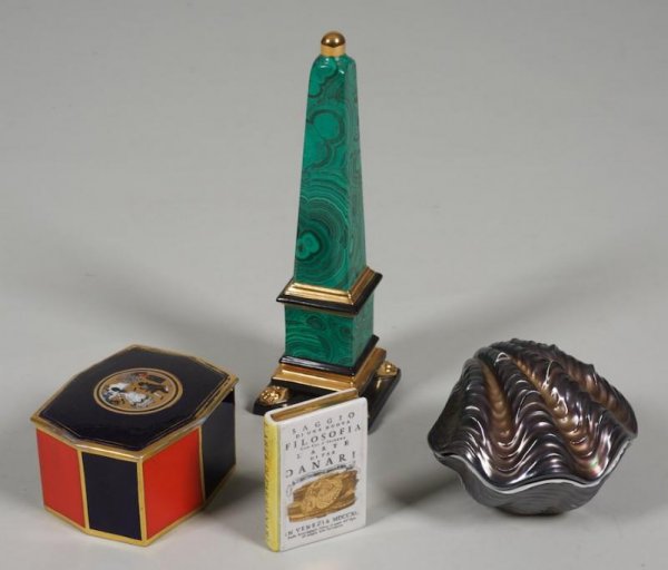(4) Italian, German and Fornasetti style porcelai: (4) Italian, German and Fornasetti style porcelain accessories, 20th century, incl. a faux malachite obelisk and shell box, largest: 12"h