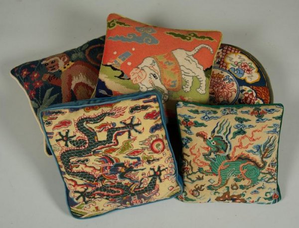 Group (5) custom needlepoint chinoiserie throw pi: Group (5) custom needlepoint chinoiserie throw pillows, Circa 1960s, largest: 15" squ.