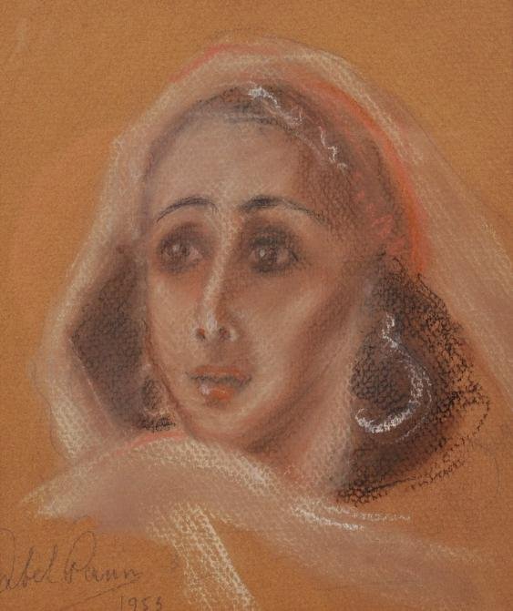 Pastel drawing by Abel Pann (1883-1963, Israeli): Pastel drawing by Abel Pann (1883-1963, Israeli), Portrait of a woman, signed and dated "1953", 7.5" x 6.25" (sight), framed