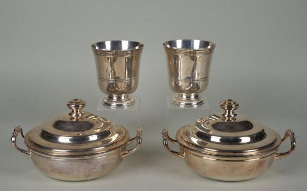Christofle and Puiforcat silver plated hollowware: Christofle and Puiforcat silver plated hollowware, 20th century, (4) pieces, entree dishes and urns, largest: 11"w