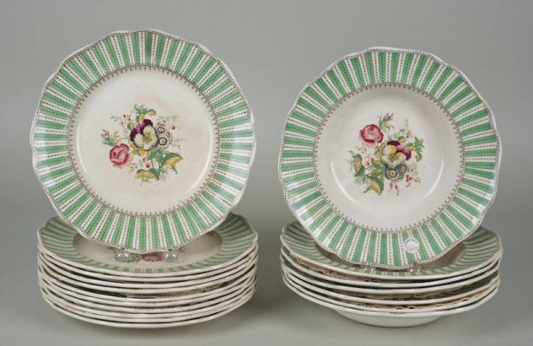 Part English pearlware European Flowers dinner se: Part English pearlware European Flowers dinner service, 19th century, approx. (18) pieces, dinner plate: 10.5"dia. Provenance: Vernay, New York; Christie's, New York