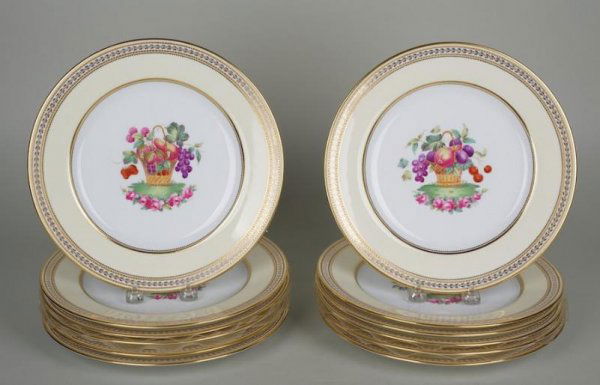 Set (12) Spode artist-signed porcelain service pl: Set (12) Spode artist-signed porcelain service plates, Early 20th century, signed "A. Ball", 10.25"dia.