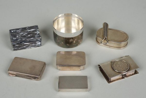 (7) sterling pill boxes incl. Tiffany & Co.: (7) sterling pill boxes incl. Tiffany & Co., 20th century, largest: 1.75"l, approx. 5.2 ozt.