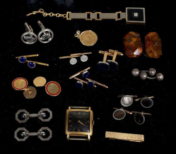 Group silver, gold and diamond gentleman's access: Group silver, gold and diamond gentleman's accessories, 20th century, approx. (20) pieces, incl. fob, cufflinks, Eterna watch, etc. Provenance: The Estate of Jack Dreyfus