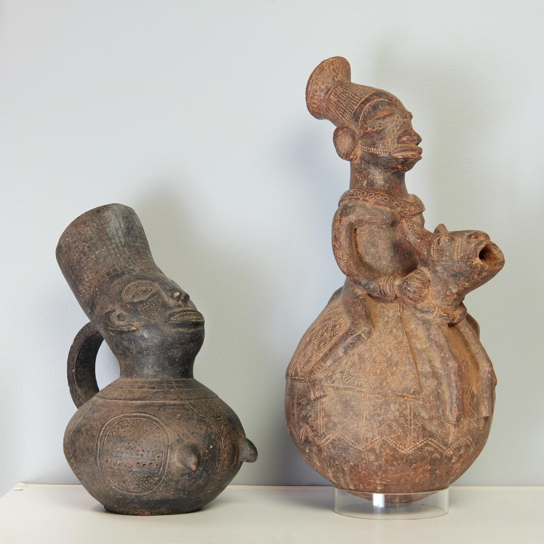 Mangbetu Peoples, (2) figural pottery vessels (1 of 9)