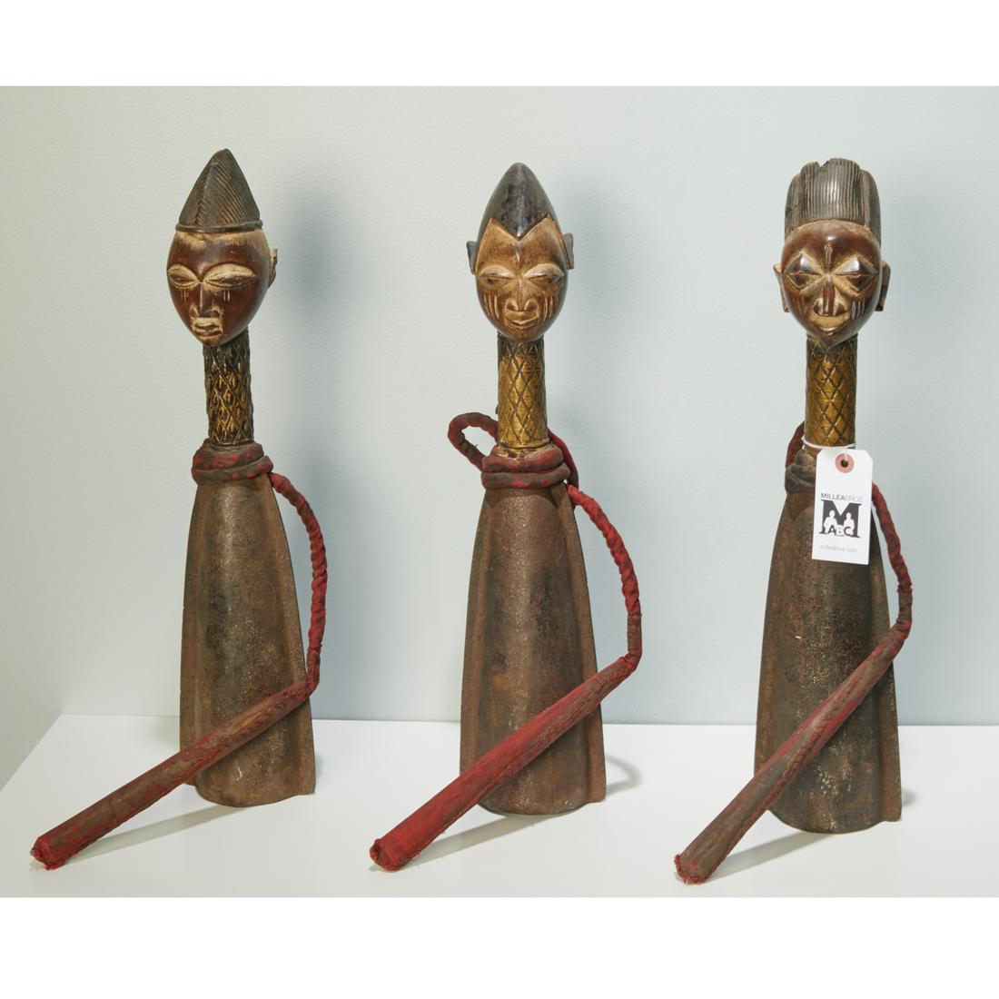 Yoruba Peoples, wood and iron figural gongs (1 of 6)