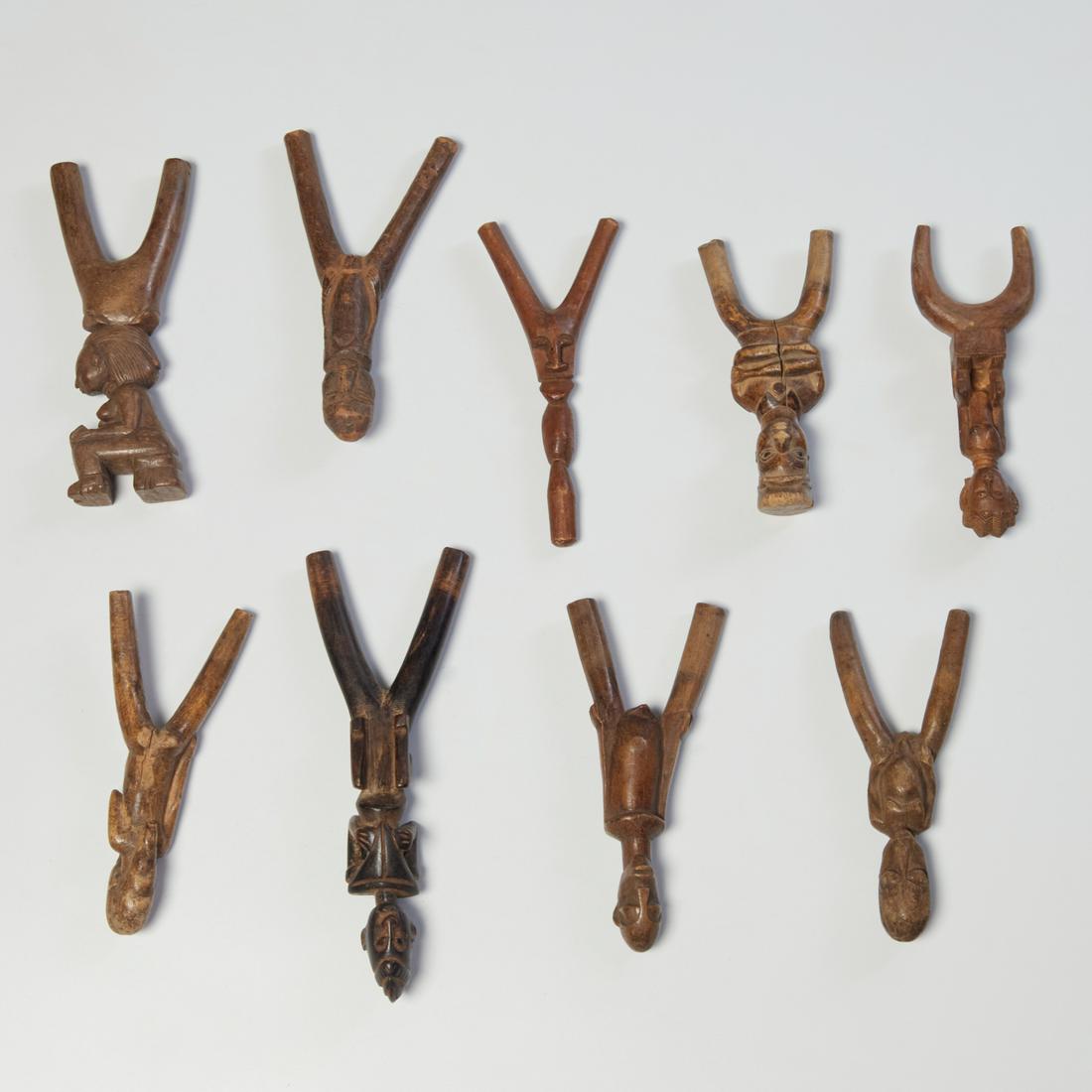 Group (9) African carved wood slingshots (1 of 5)