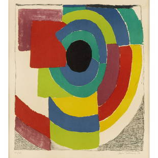 Sonia Delaunay, color lithograph, 1972: Sonia Delaunay, color lithograph, 1972, Sonia Delaunay (France, 1885-1979) "Syncope", pencil signed, dated and numbered 61/75 lower margins, matted and framed under glass, 22"h x 20"w (sight), 32"h x