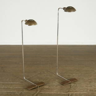 Cedric Hartman, pair bronze 7CO floor lamps: Cedric Hartman, pair bronze 7CO floor lamps, c. 1980, American, architectural bronze shade and base with telescoping chrome stem, Lucite switch, 37"h x 12"w x 14"d (lowest height)