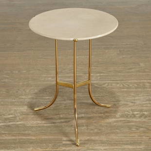 Cedric Hartman, unusual variant 'AE' tripod table: Cedric Hartman, unusual variant 'AE' tripod table, Introduced 1973, American, gilt brass with polished nautical brass foot ends and mortise tenons, tan granite top, stamped with facsimile signature an