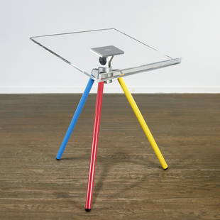 Marc Newson, tripod book stand: Marc Newson, tripod book stand, 21st c., acrylic easel stand on aluminum tripod, produced by ALU for Taschen Books, this color combination originally sold with the limited edition David Hockney