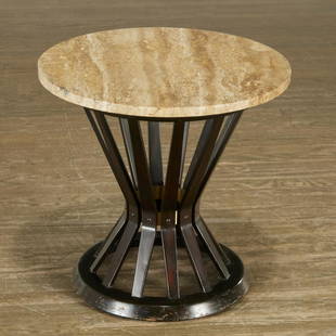 Edward Wormley for Dunbar, sheaf of wheat table: Edward Wormley for Dunbar, sheaf of wheat table, Designed 1956, brass bound dark stained wood side table, with round travertine top, metal tag label under tabletop, 20.25"h x 21"dia Provenance: The