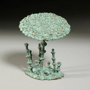 Klaus Ihlenfeld, patinated bronze sculpture: Klaus Ihlenfeld, patinated bronze sculpture, Klaus Ihlenfeld (German/American, b. 1934), Mushroom, welded verdigris patinated bronze, signed "K" on base, 6.5"h x 6"dia