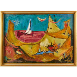 Marcel Janco, oil on board: Marcel Janco, oil on board, Marcel Janco (Romanian/ Israeli,1895-1984), Untitled, signed "Janco", 18"h x 27"w (sight), 21"h x 29"w (frame)