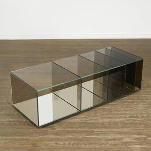 Nendo for Glas Italia gray "Deepsea" coffee table: Nendo for Glas Italia gray "Deepsea" coffee table, 21st c., rectangular gradient glass coffee table, with divided open interior, and mirrored base, no visible marks, 15"h x 49.25"l x 19"w 