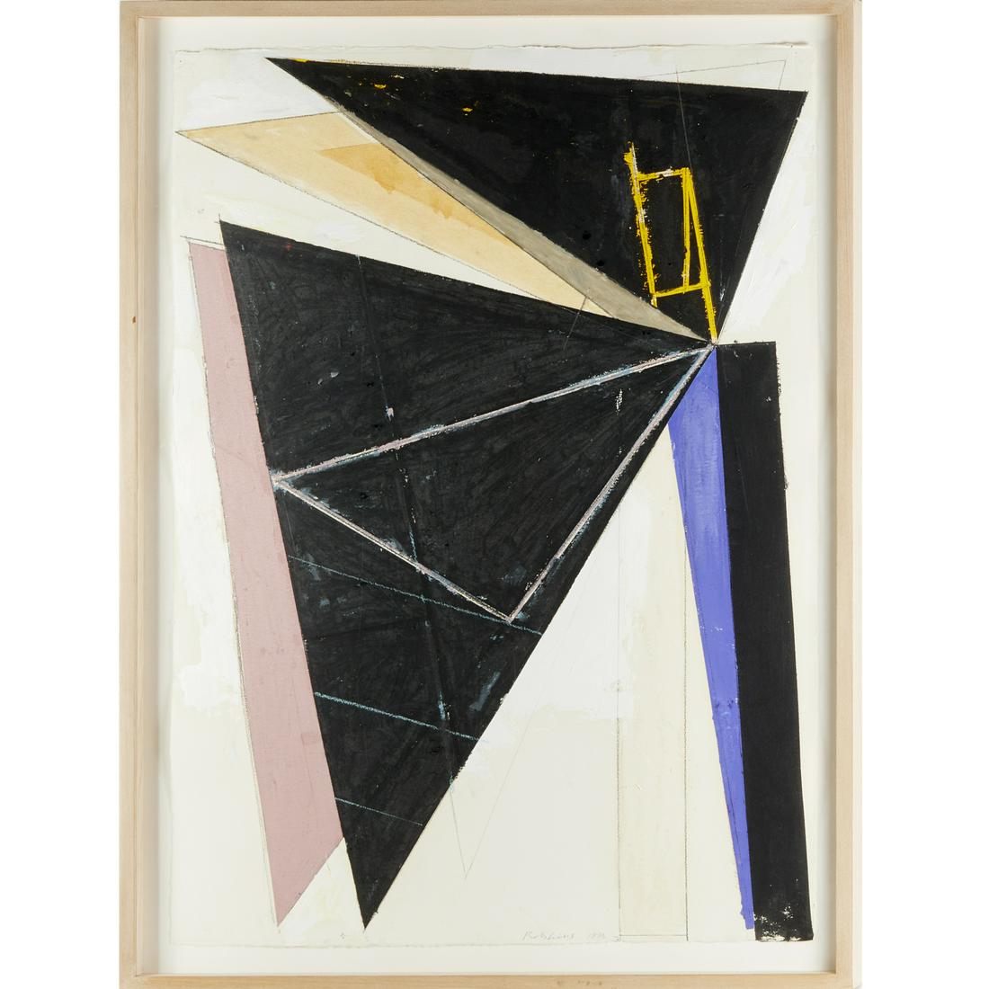 Bruce Robbins, large painting, 1984: Bruce Robbins, large painting, 1984, Bruce Robbins (American, b.1948), "Slide V III), oil stick and graphite on paper, signed lower right, gallery label verso, framed under Plexiglas, 40"h x 30"w (she