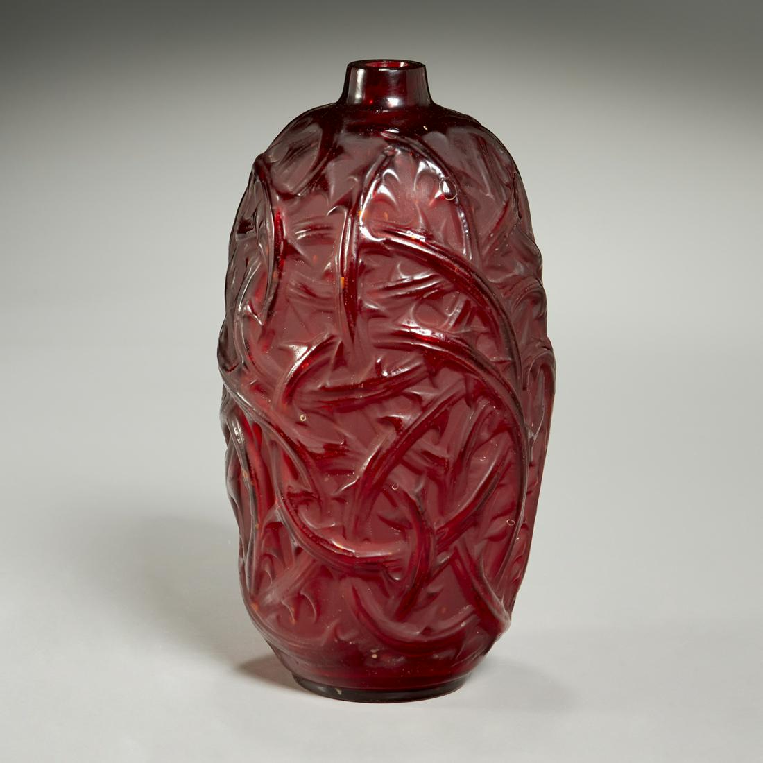Rene Lalique, frosted red glass 'Ronces' vase: Rene Lalique, frosted red glass 'Ronces' vase, Rene Lalique (French, 1860-1945), introduced 1921, diamond etched signature to underside, 9.5"h x 5"dia Provenance: The Collection of Edith & Edward "Ted