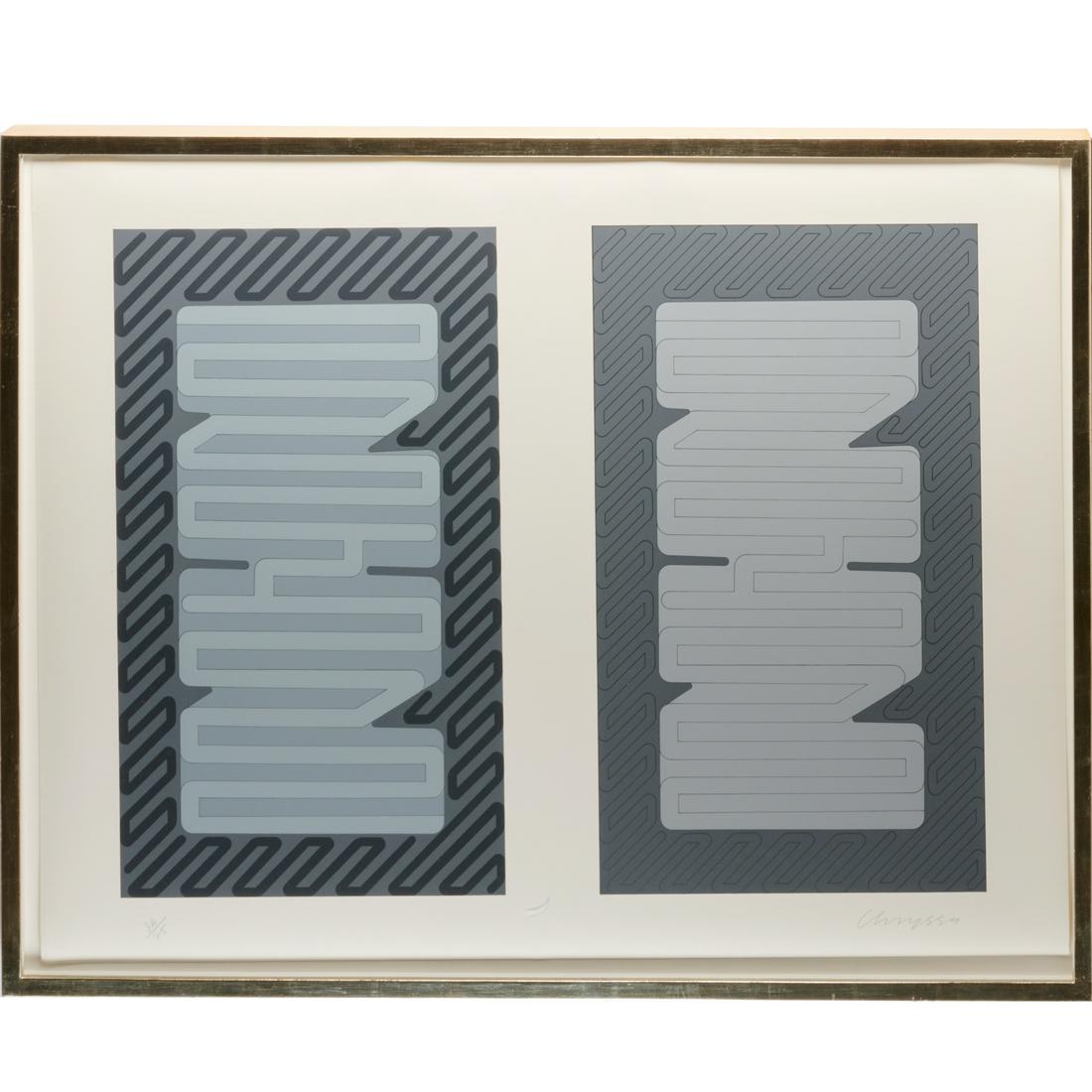 Chryssa, screenprint on paper, 1980: Chryssa, screenprint on paper, 1980, Chryssa Vardea (Greek-American, 1933-2013), "Electric Sky", pencil signed and numbered 34/74 along lower margins, framed under plexiglass, 30"h x 39"w (sheet), 33"