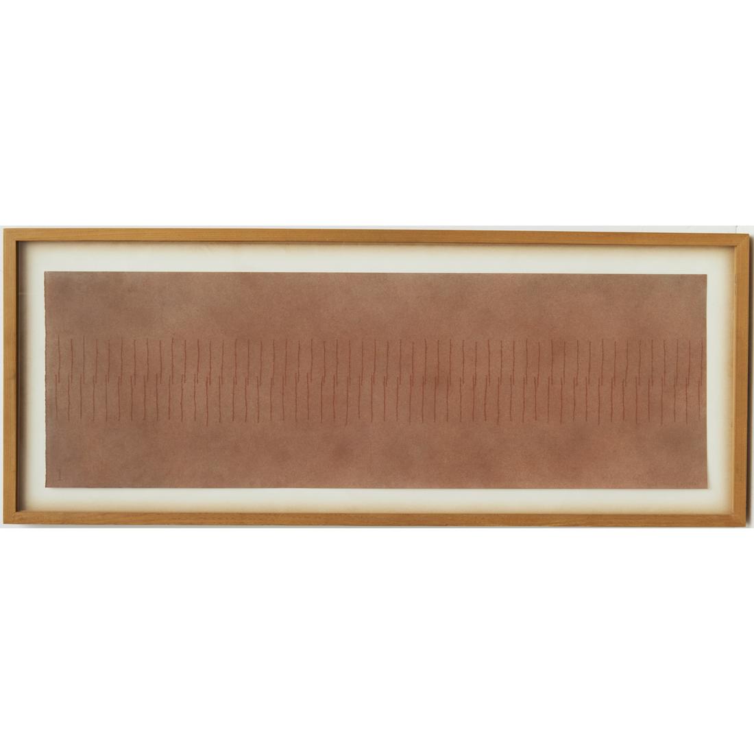 Edda Renouf, colored chalk on paper, 1977: Edda Renouf, colored chalk on paper, 1977, Edda Renouf (American, b. 1943), "Desert Drawing 9", signed, inscribed, titled and dated verso, framed under glass, auction label verso, 8.5"h x 26.25"w (she