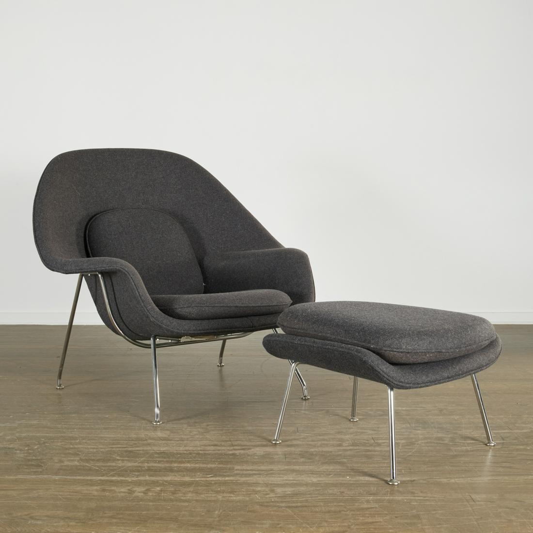 Eero Saarinen, Womb chair and ottoman: Eero Saarinen, Womb chair and ottoman, Introduced 1946, American, chrome-plated steel, wool upholstery, manufacturer's label to underside, 37"h x 41"w x 36"d (chair), 16"h x 25"l x 21"w (ottoman) Prov