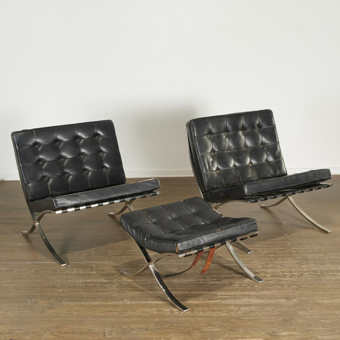 Mies van der Rohe, Barcelona chairs and ottoman: Mies van der Rohe, Barcelona chairs and ottoman, c. 1960s edition, leather cushions, stainless steel frame, Knoll Associates label to underside, 30"h x 30"w x 30"d (chair), 15.5"h x 25"w x 22"d (ottom