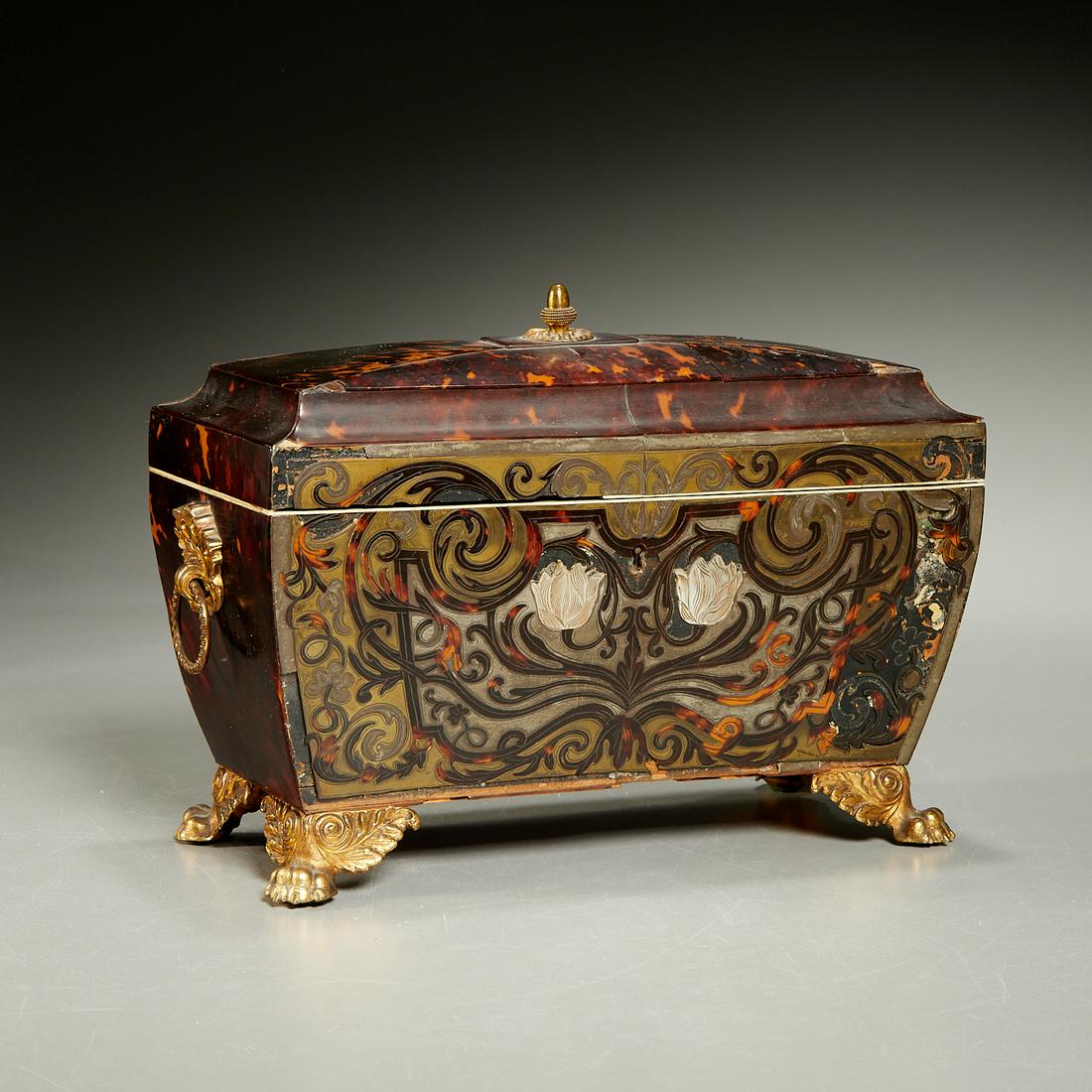 Large Regency brass and pearl inlaid tea caddy (1 of 6)