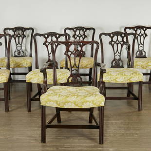 Set (8) Schmieg & Kotzian mahogany dining chairs: Set (8) Schmieg & Kotzian mahogany dining chairs, First half 20th c., (2) armchairs and (4) side chairs, in the Chippendale style, dark stained mahogany, textured silk damask upholstered seat, the ser