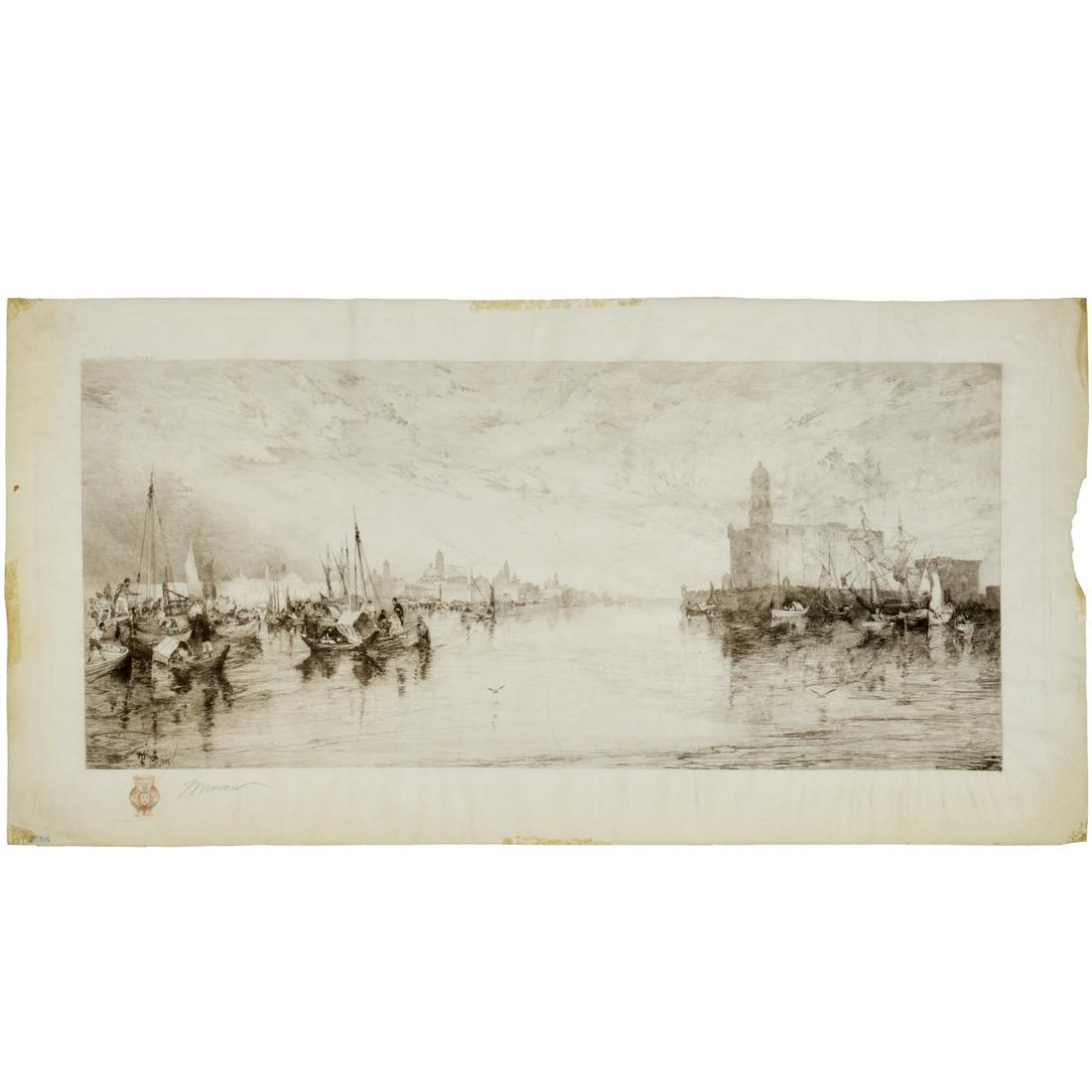 Thomas Moran, signed etching on parchment: Thomas Moran, signed etching on parchment, Thomas Moran (American, 1837-1926), The Harbor of Vera Cruz, Mexico, 1887, pencil signed "T Moran" lower left, copyright 1886 C. Klackner, NY, stamped "2066"