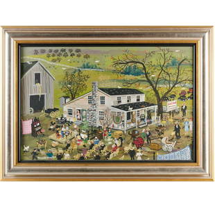 Maxwell Mays, Folk Art oil on board, 1989: Maxwell Mays, Folk Art oil on board, 1989, Maxwell Mays (American, 1918-2009), Country Auction, signed and dated lower left, 15"h x 23"w (sight), 21"h x 29"w (frame)