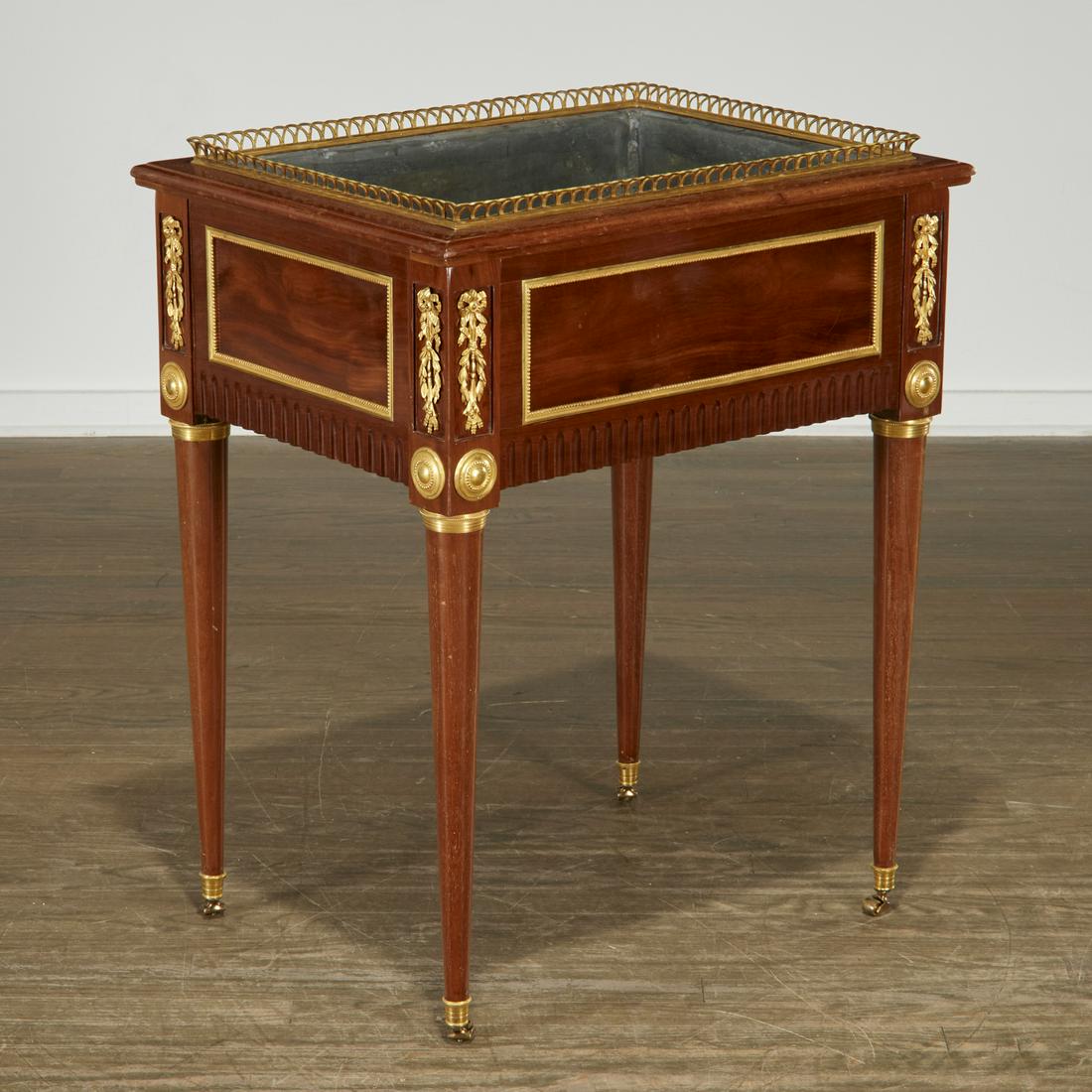 Louis XVI mahogany wine cooler, ebeniste signed: Louis XVI mahogany wine cooler, ebeniste signed, 18th c., France, of rectangle form with pierced gallery, interior fitted with zinc liner, the sides mounted with gilt bronze rosettes, swags and bead b