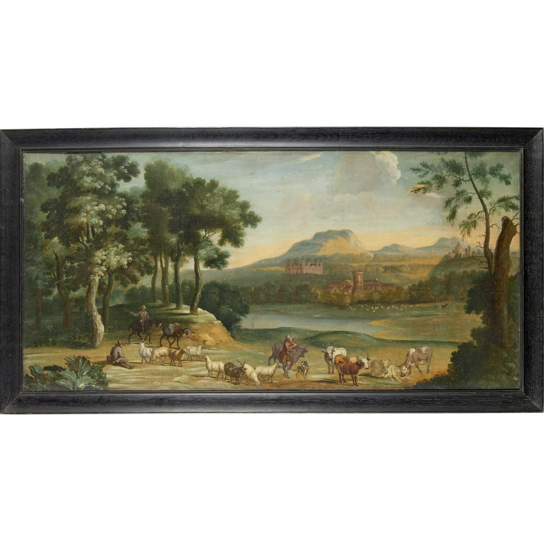 John Constable (follower), large oil on canvas: John Constable (follower), large oil on canvas, Follower of John Constable (English - 1776-1837), Cows and Herdsmen in a Pastoral Landscape, no signature observed, 25"h x 50"w (canvas), 30"h x 56"w (f
