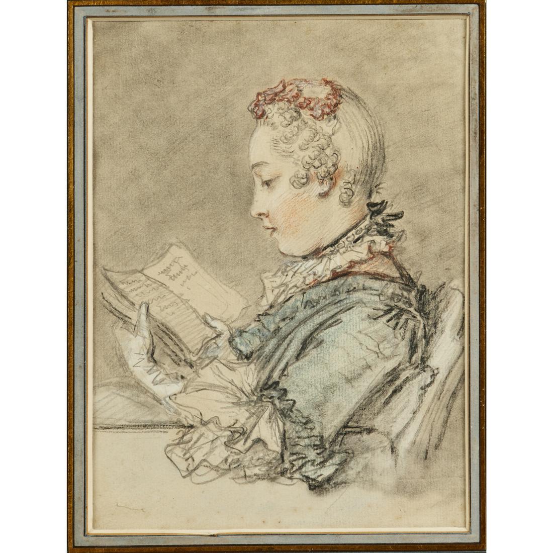 Francois Boucher (after), colored pencil on paper: Francois Boucher (after), colored pencil on paper, After Francois Boucher (France, 1703-1770 ), Young Girl Reading "Heloise and Abelard", no signature observed, matted and framed under glass, 8"h x 6"
