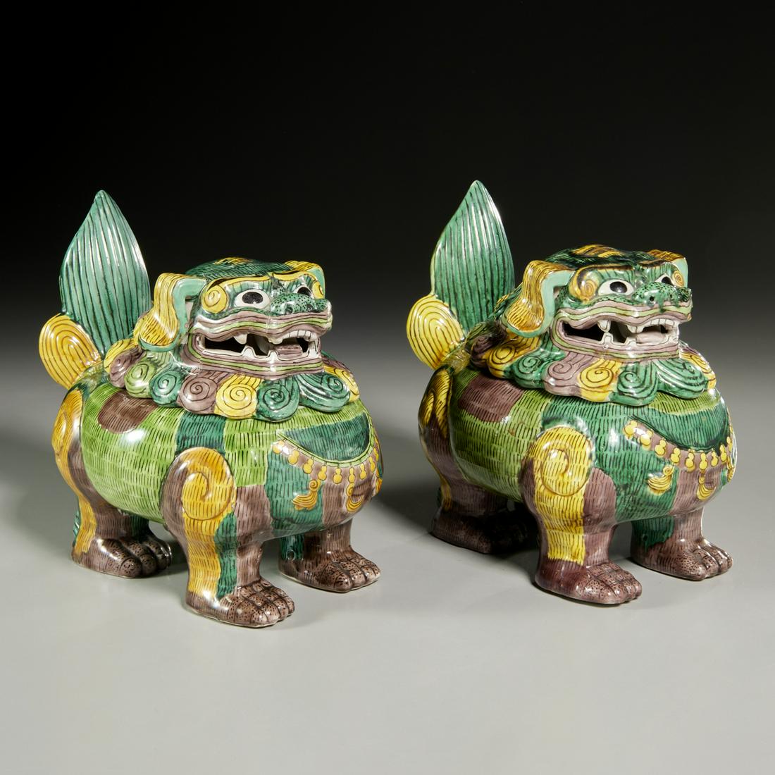 Pair Chinese Sancai Buddhist lion censers (1 of 6)