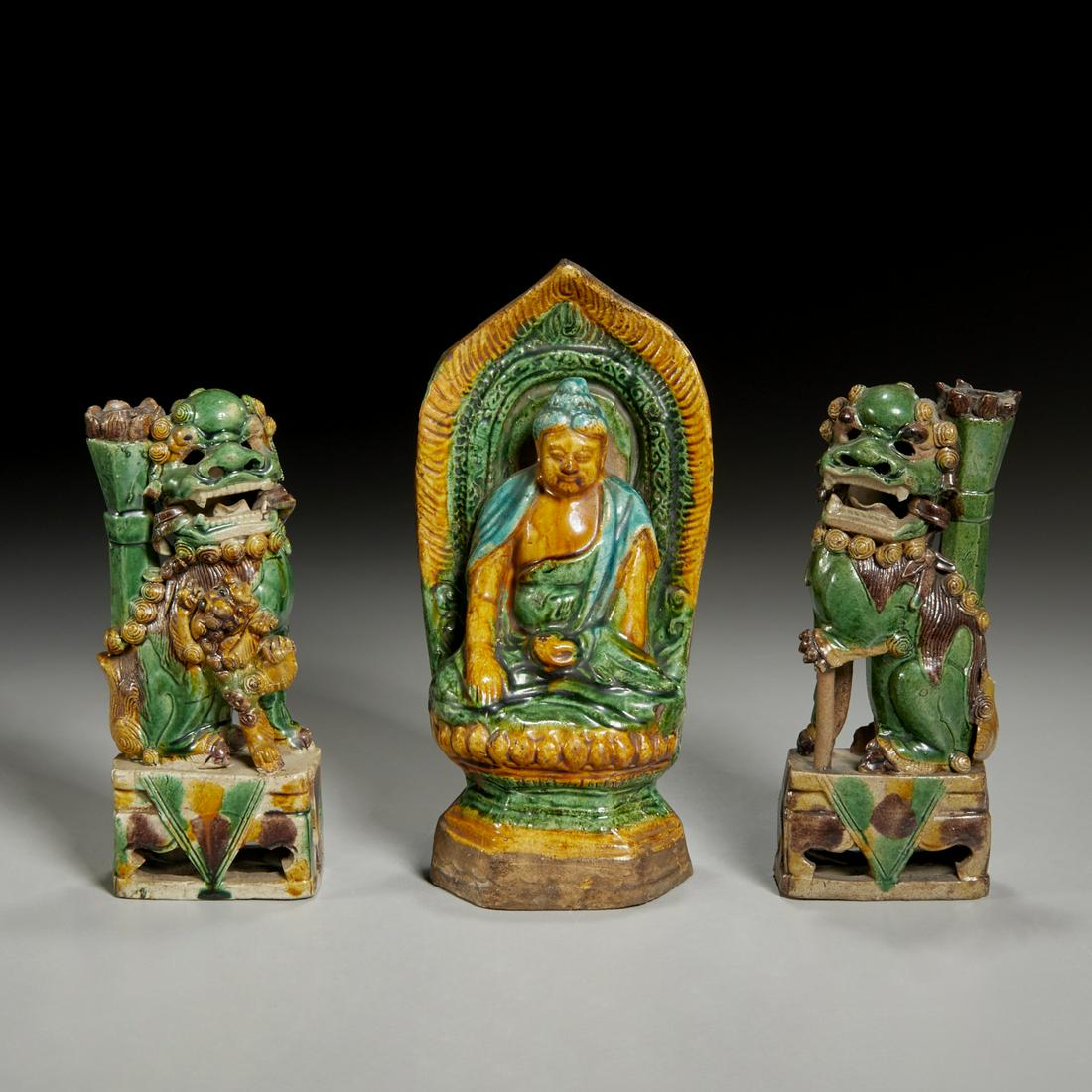 Chinese sancai shrine and lion candlesticks (1 of 8)
