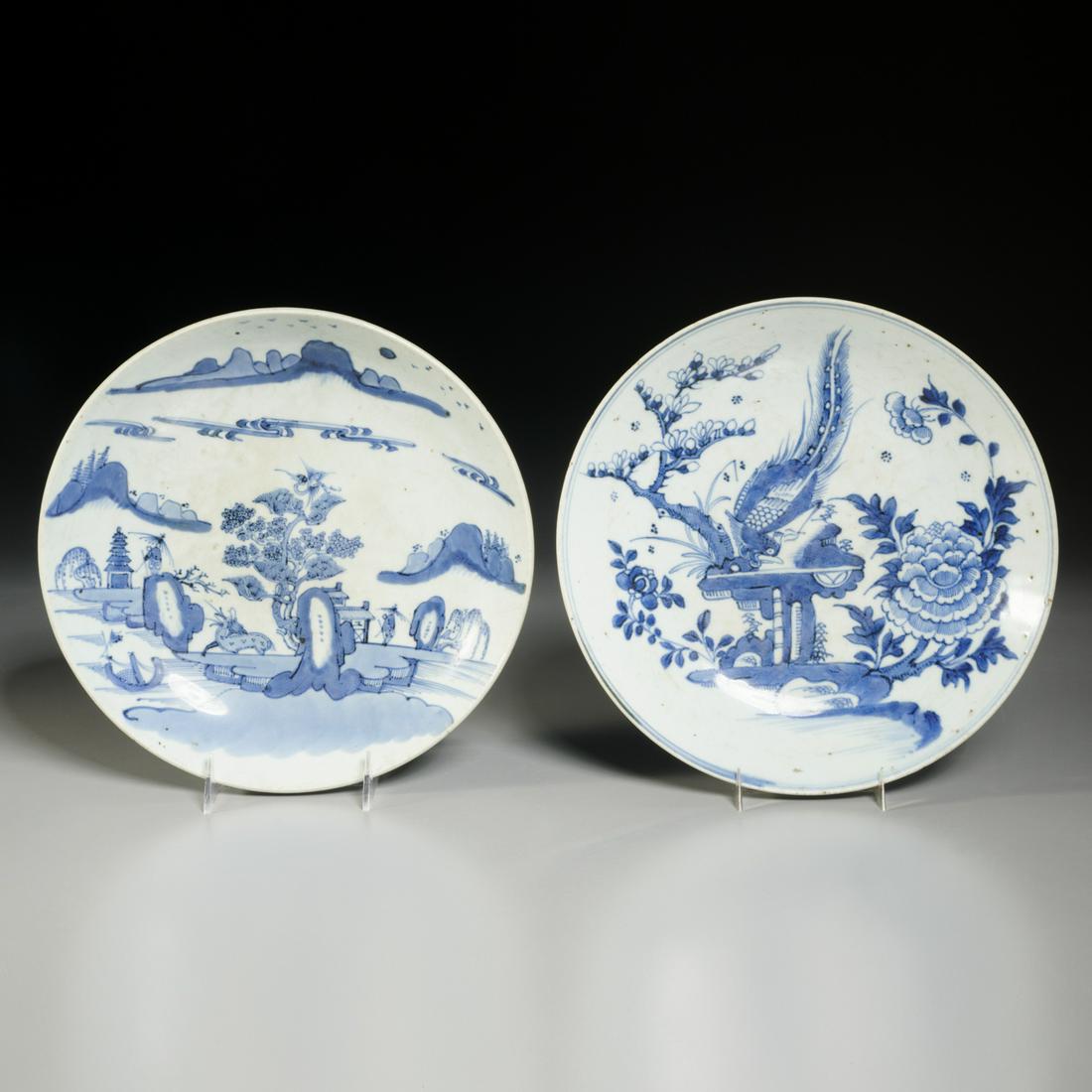 (2) Chinese blue and white plates: (2) Chinese blue and white plates, Qing Dynasty (19th c.), blue underglaze porcelain, one depicting a mountain landscape, blue underglaze four character mark, two etched characters, and label reading
