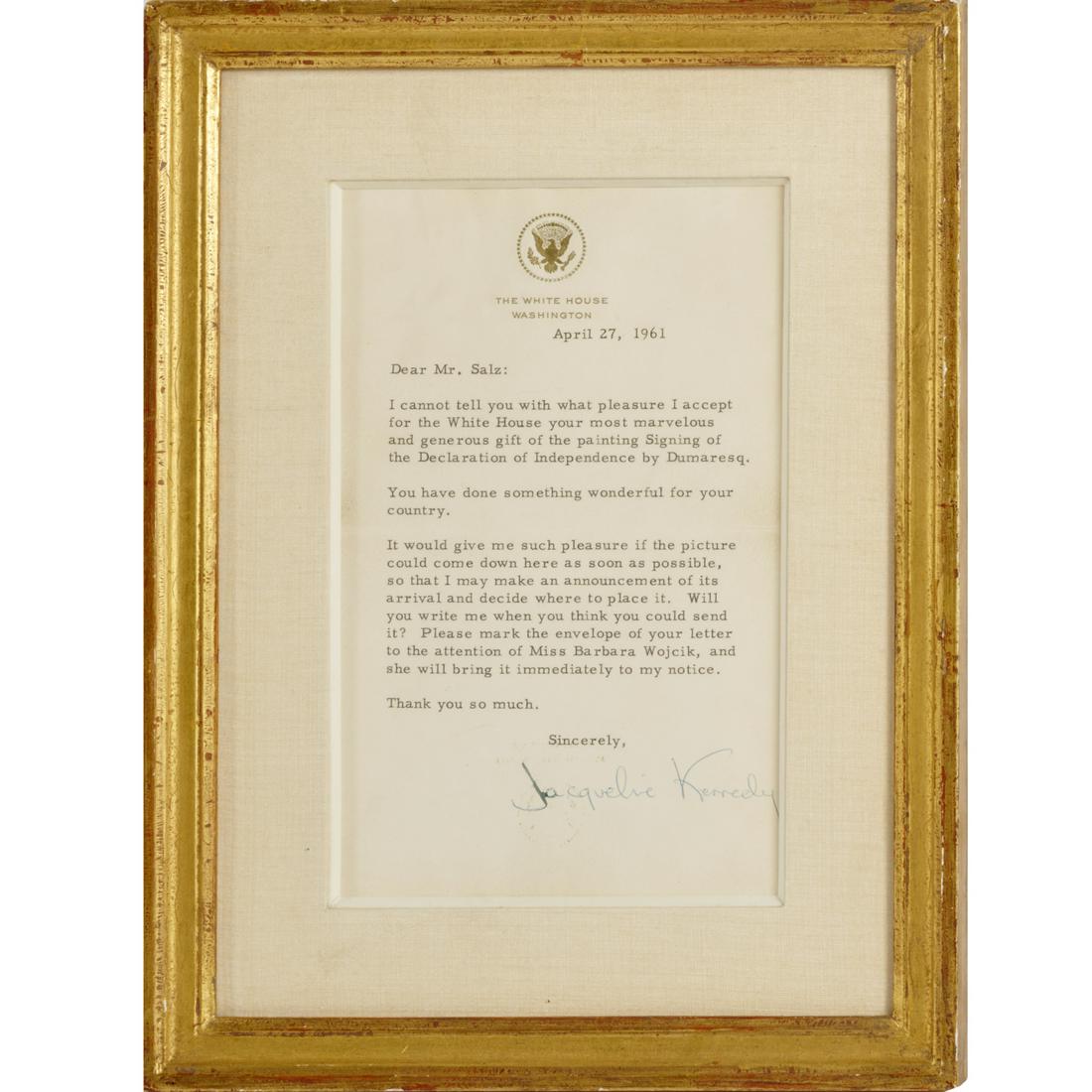 Jacqueline Kennedy, typed letter, signed, 1961 (1 of 5)