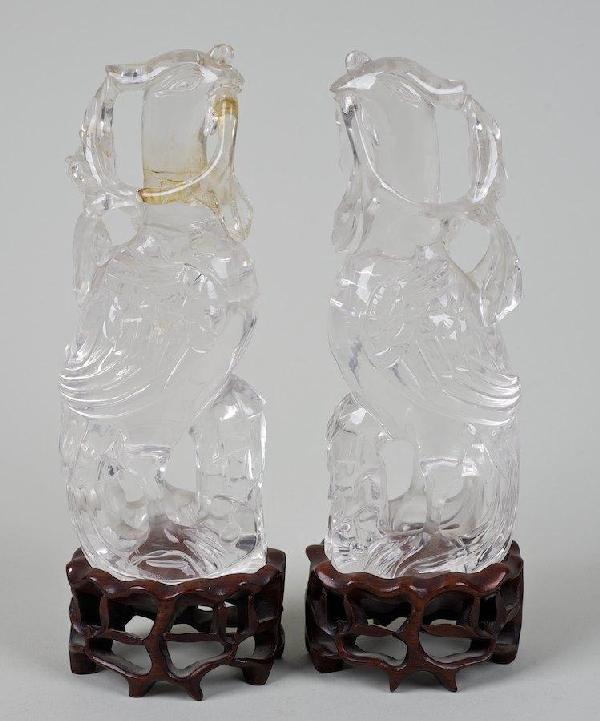 Pair antique Chinese rock crystal phoenix birds