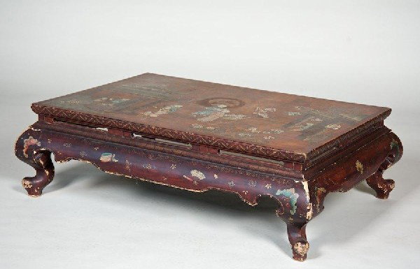 Nice antique Chinese decorated red lacquer low ta