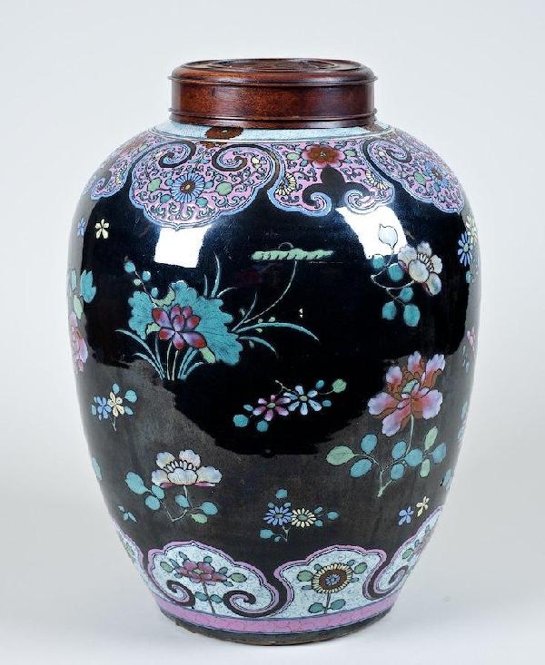 Large antique Chinese enameled mirror black jar