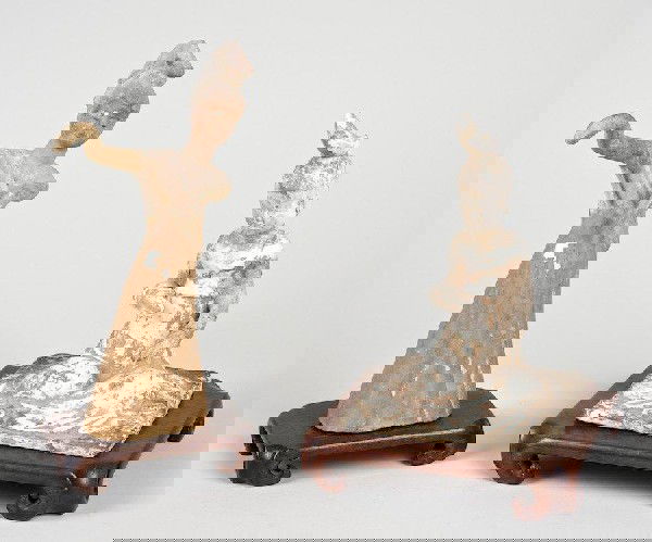 (2) antique Chinese glazed earthenware tomb figur: (2) antique Chinese glazed earthenware tomb figures, Poss. Tang Dynasty, hardwood stands, 8.5"h x 4.5"w (standing figure), 6.75"h x 4.5"w (seated figure)