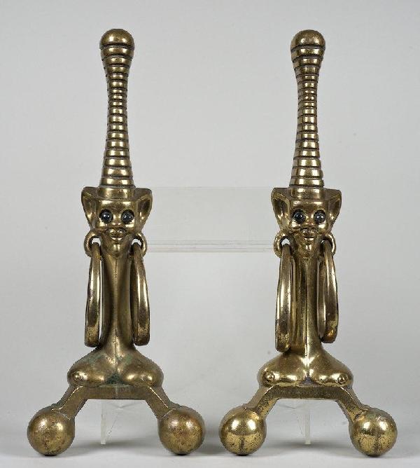 Pair unusual signed brass grotesque andirons: Pair unusual Aesthetic brass grotesque form andirons, Circa 1946, 21.5" x 8.5"