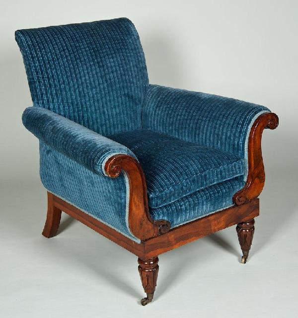 William IV carved rosewood library chair: William IV carved rosewood library chair, 19th c., 37.5"h x 35.5"w x 36"d