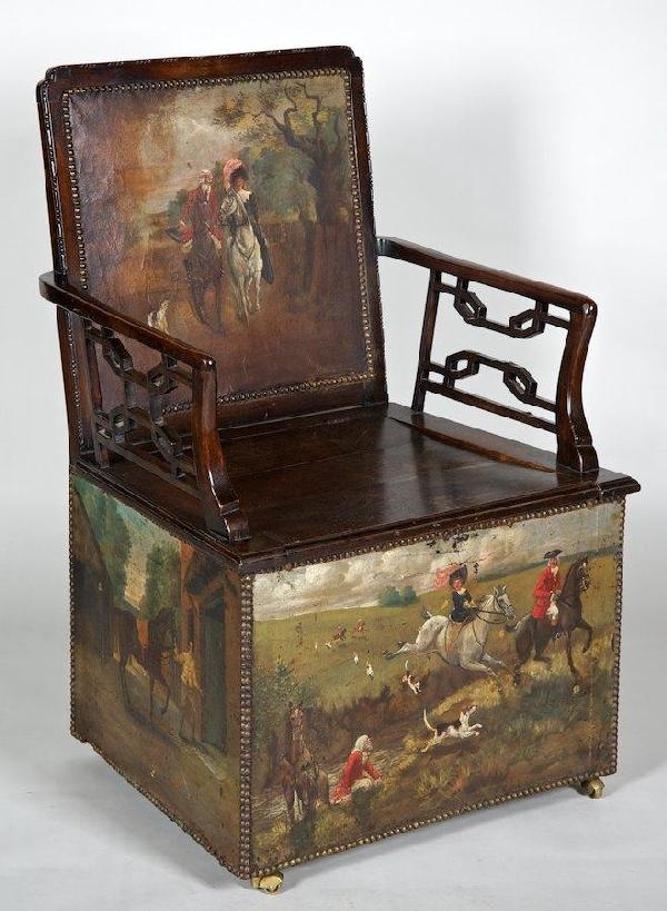 George III mahogany and painted leather hunt chai: George III mahogany and painted leather hunt chair, 18th c. and later, 40"h x 26.5"w x 24"d