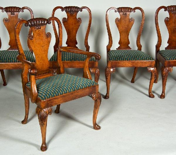 Set (10) George II style carved walnut dining cha: Set (10) George II style carved walnut dining chairs, 20th c., by Company of Master Craftsmen, armchair: 38.5"h x 29"w x 18"d