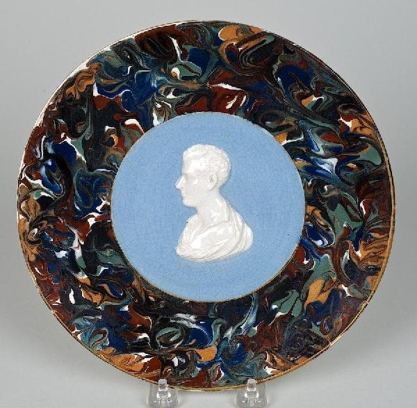 Thos. Fradley slip-marbled earthenware portrait p: Thos. Fradley slip-marbled earthenware portrait plate, 19th c., 9.25"dia.