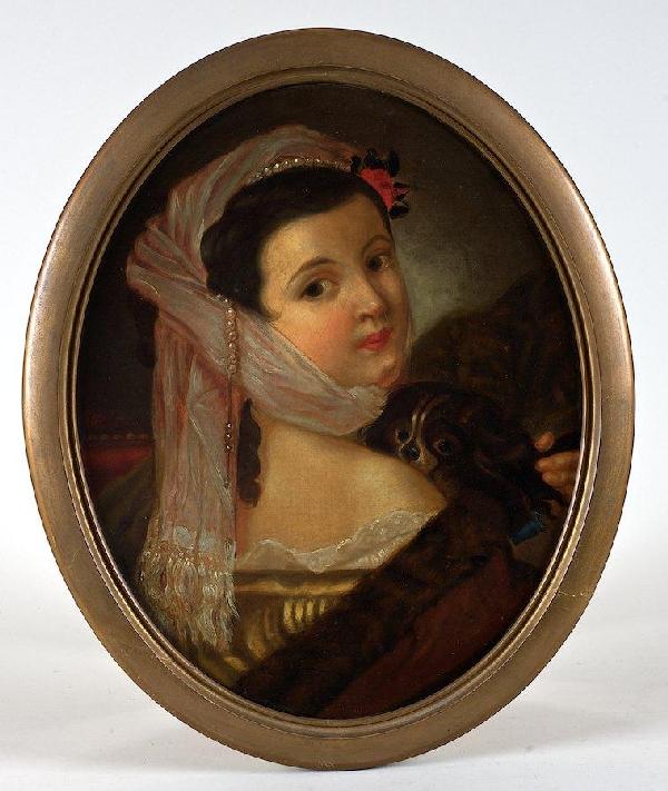 British School (19th c.), beauty and her spaniel: British School (19th c.), beauty and her spaniel, Portrait of a beauty and her dog, oil on canvas laid on board, apparently unsigned, 19.5" x 15.25" (sight), framed