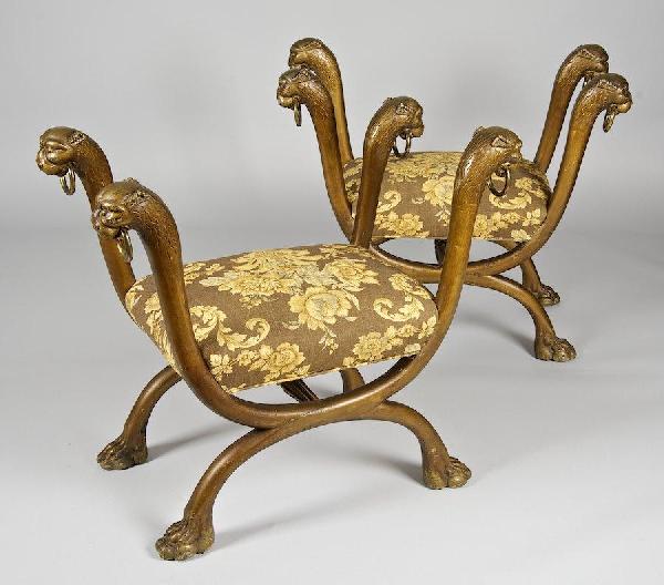 Pair giltwood benches in the manner of Thomas Hop: Pair giltwood benches in the manner of Thomas Hope, 19th c., 31.5"h x 36"w x 19.25"d