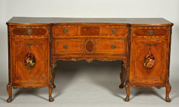 Paint decorated satinwood sideboard by R.W. Irwin: Paint decorated satinwood sideboard by R.W. Irwin, Early 20th c., 38"h x 78"l x 24"d